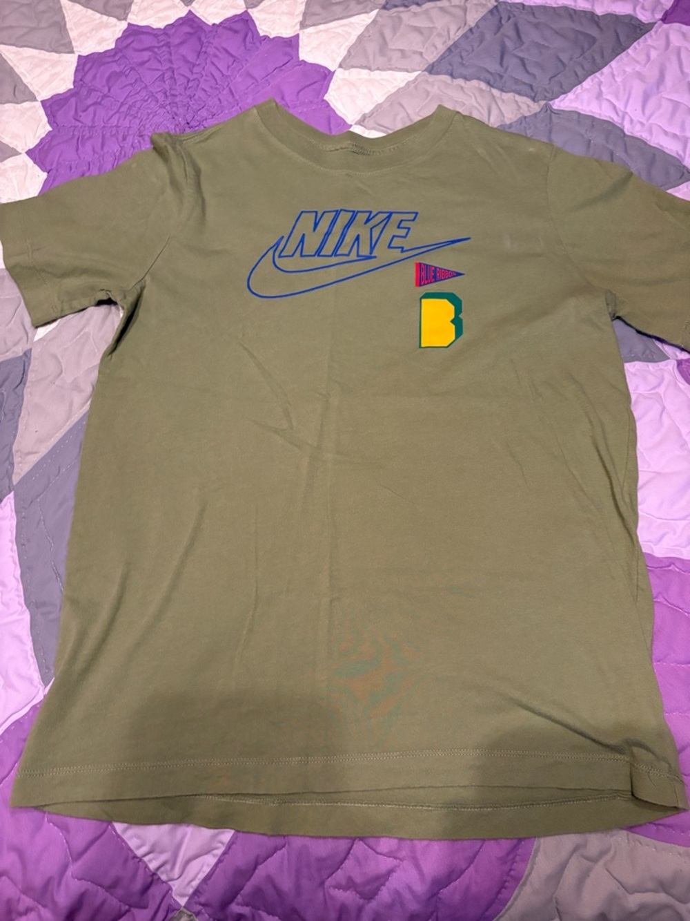 Nike Olive Green Tee with Blue Logo and Yellow Patch
